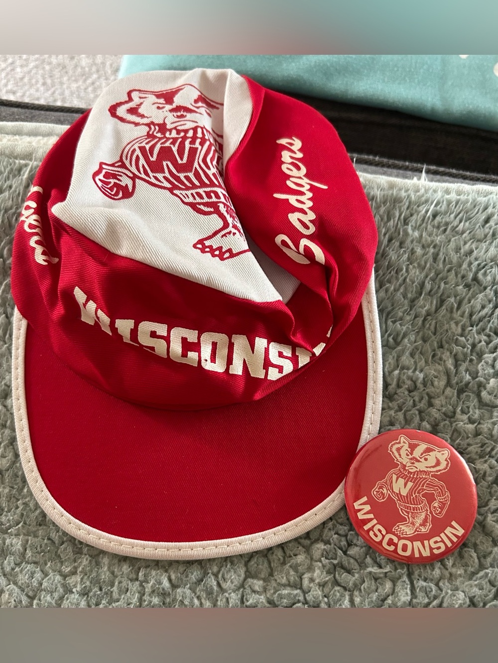🇺🇸Wisconsin Badgers vintage painters cap and button pin.